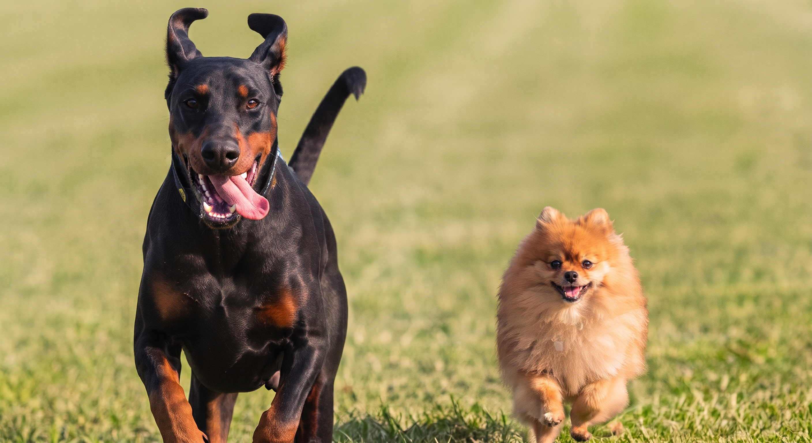 Großer und kleiner Hund rennen auf Wiese